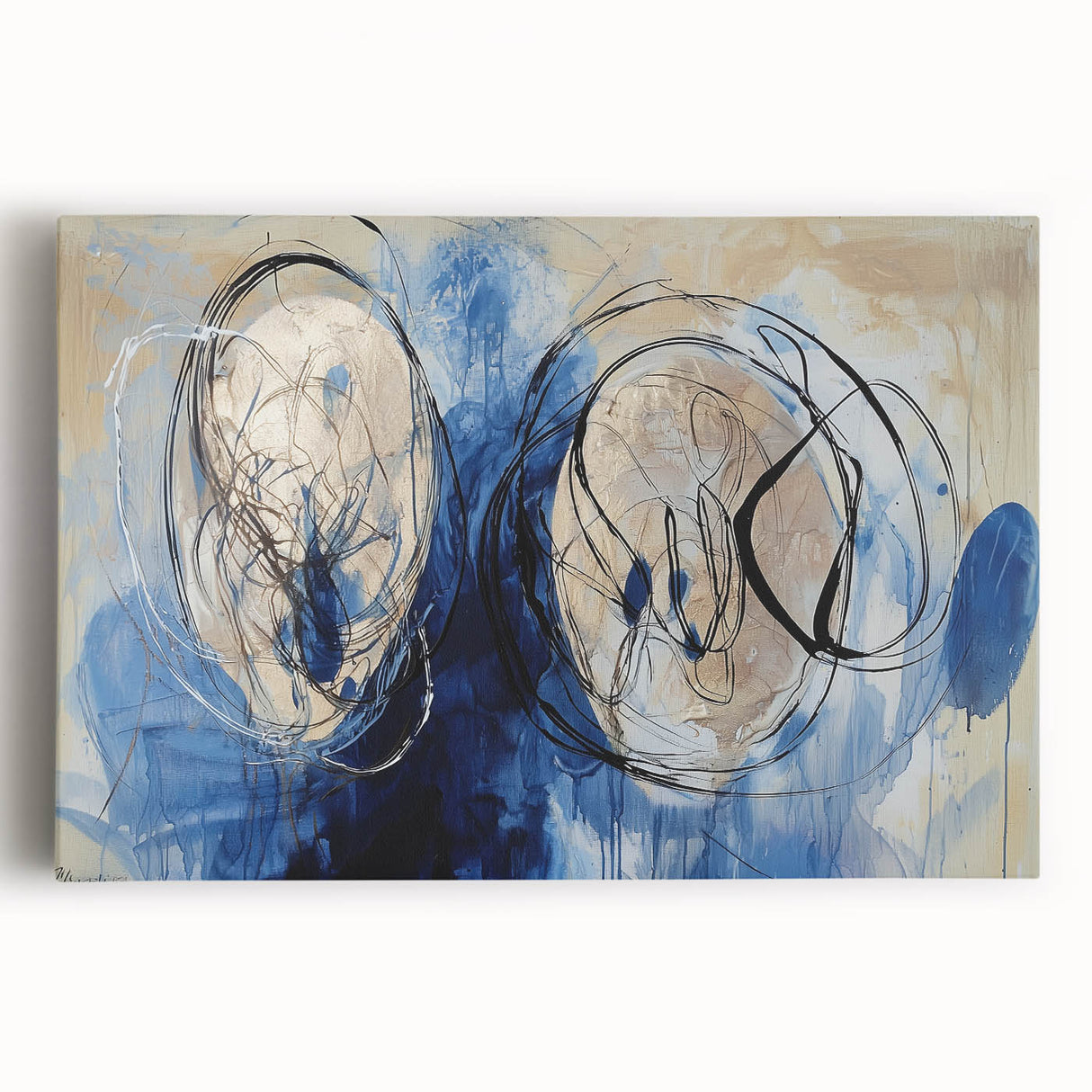 Abstract splatter art on stretched canvas showcasing vibrant colors like blue, pink, and yellow, ideal for modern home decor or artistic spaces, enhancing visual appeal.