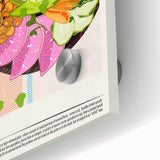 Large abstract wall art featuring assorted food dishes in vibrant colors on acrylic glass, ideal for dining room decor.