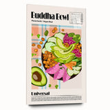 Large abstract wall art of assorted food dishes in vibrant colors on acrylic glass.