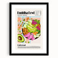 Extra large, colorful abstract art print of assorted food dishes in a black frame, suitable for living room decor.