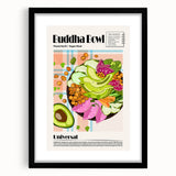 Extra large, colorful abstract art print of assorted food dishes in a black frame, suitable for living room decor.