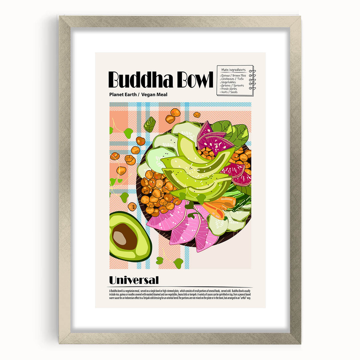 Textured art featuring abstract designs of food dishes in muted earth tones, framed with a silver mat, ideal for bedroom art.