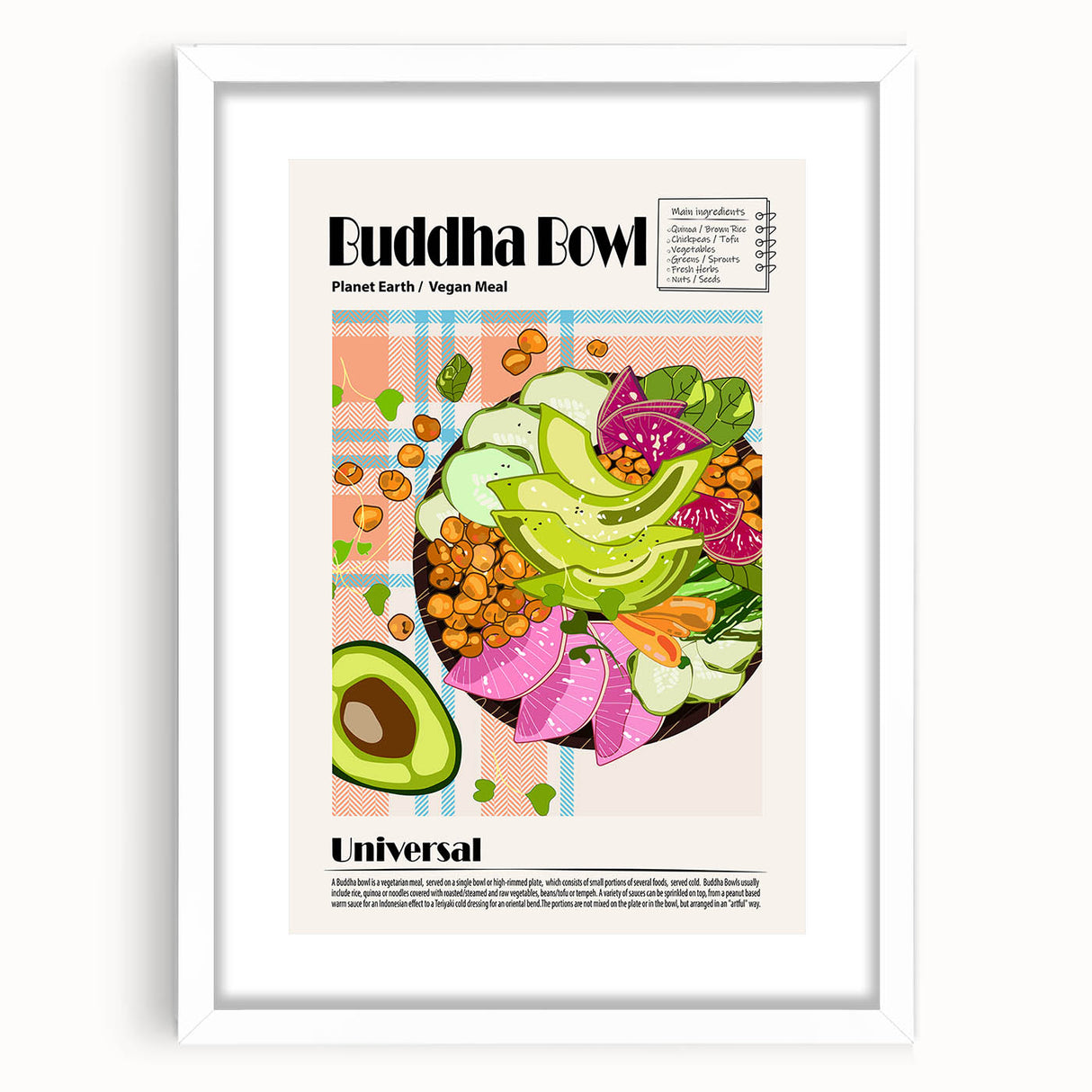 Abstract art print of assorted food dishes in muted earth tones, framed in white, ideal for dining room decor.