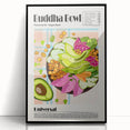 Large abstract wall art featuring assorted food dishes in bright colors on black acrylic, framed.