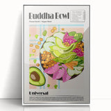 Acrylic print of assorted food dishes in art deco style, framed in white, suitable for modern kitchen decor.