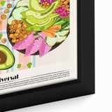 Close-up of black wall art featuring colorful, textured images of various food dishes on a framed canvas.