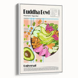 Vintage poster art of colorful food dishes on a framed canvas, ideal for extra large living room decor.