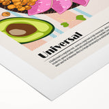 Art deco poster featuring assorted food dishes in muted earth tones on a rolled canvas, ideal for dining room wall art.