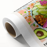 Art deco poster featuring an array of colorful food dishes on rolled canvas, ideal for dining room wall art.