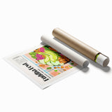 Extra large rolled print featuring an array of floral dishes, in soft pastel shades, suitable for classy bathroom wall art.