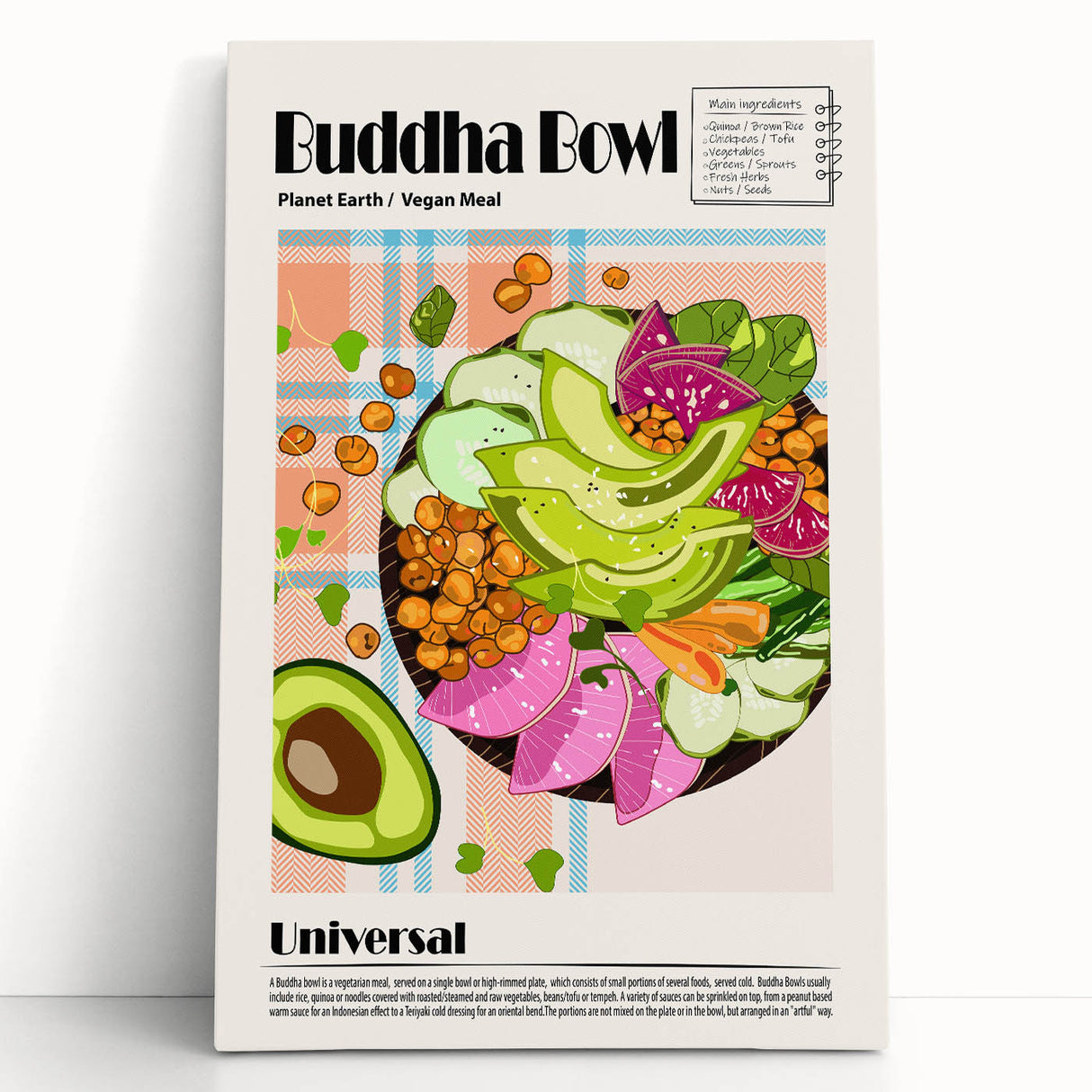 Large black and white canvas of various food dishes, ideal for kitchen wall art.