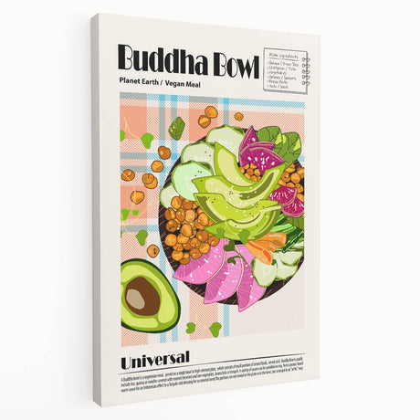 Side view of a stretched canvas featuring an array of colorful food dishes, ideal for kitchen wall art.