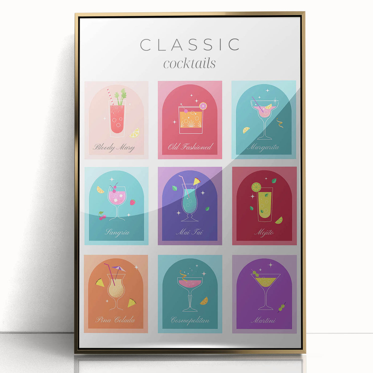 Art deco poster of assorted beverages in gold and black hues on acrylic, ideal for modern kitchen or dining area.