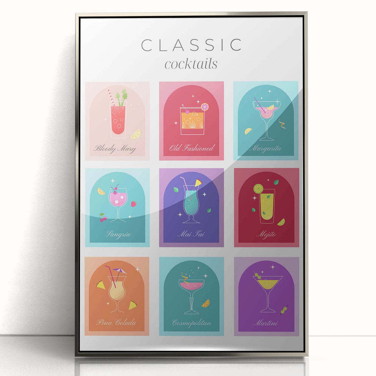 Large art print of mid-century modernist food and drinks on a silver-framed acrylic, suitable for modern kitchen decor.