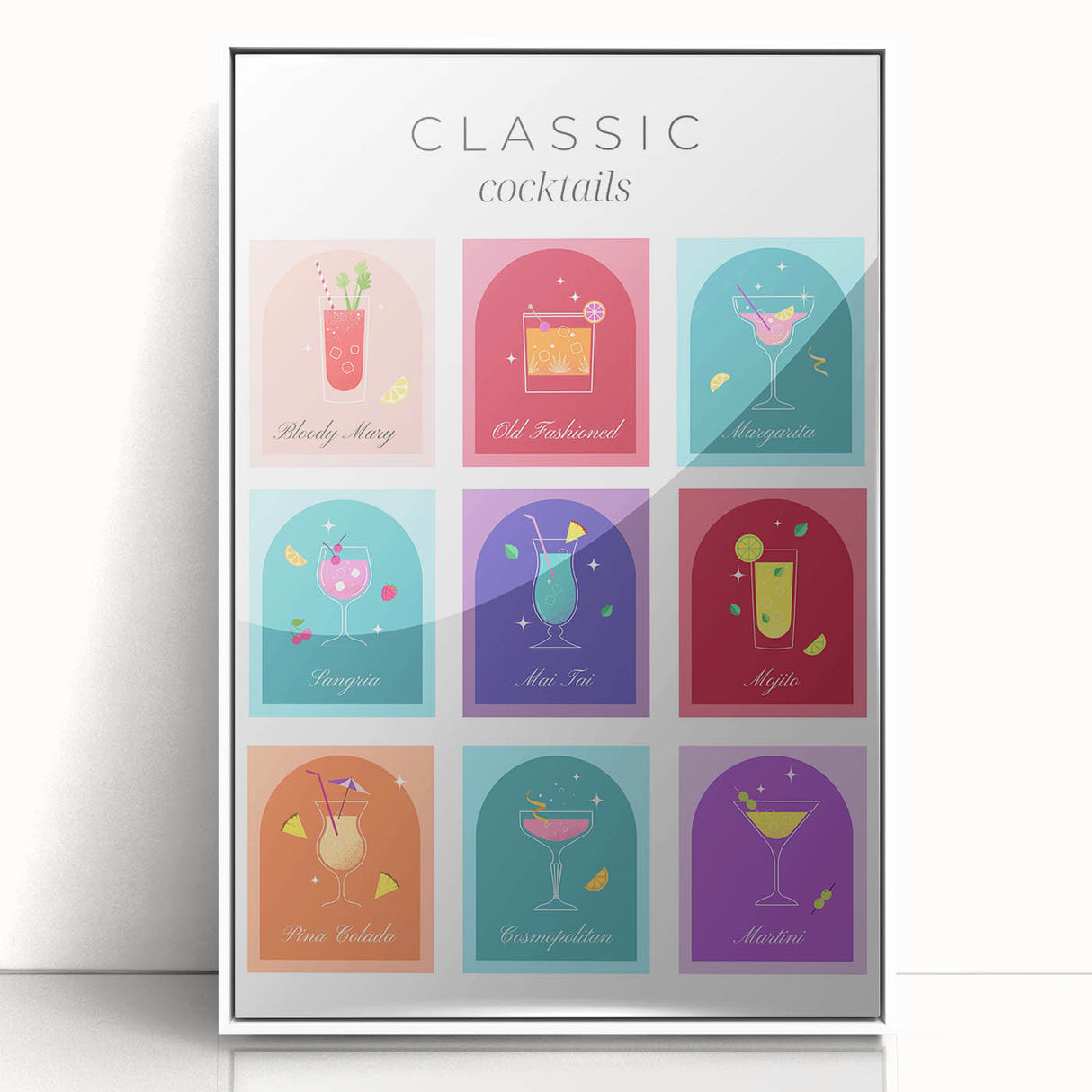Mid-century modernist art featuring a stylized food and drink motif in pastel shades, framed acrylic.