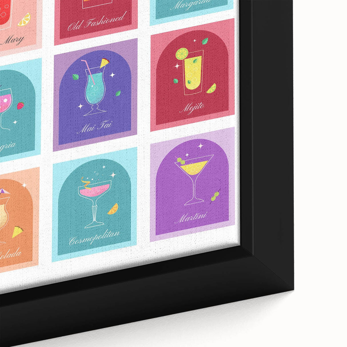 Extra large black wall art featuring a colorful, textured depiction of various foods and drinks on a framed canvas.