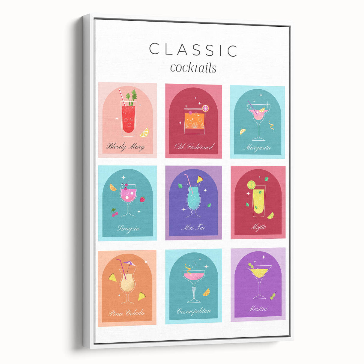 Vintage poster art of colorful beverages on a black background, displayed in a white framed canvas.