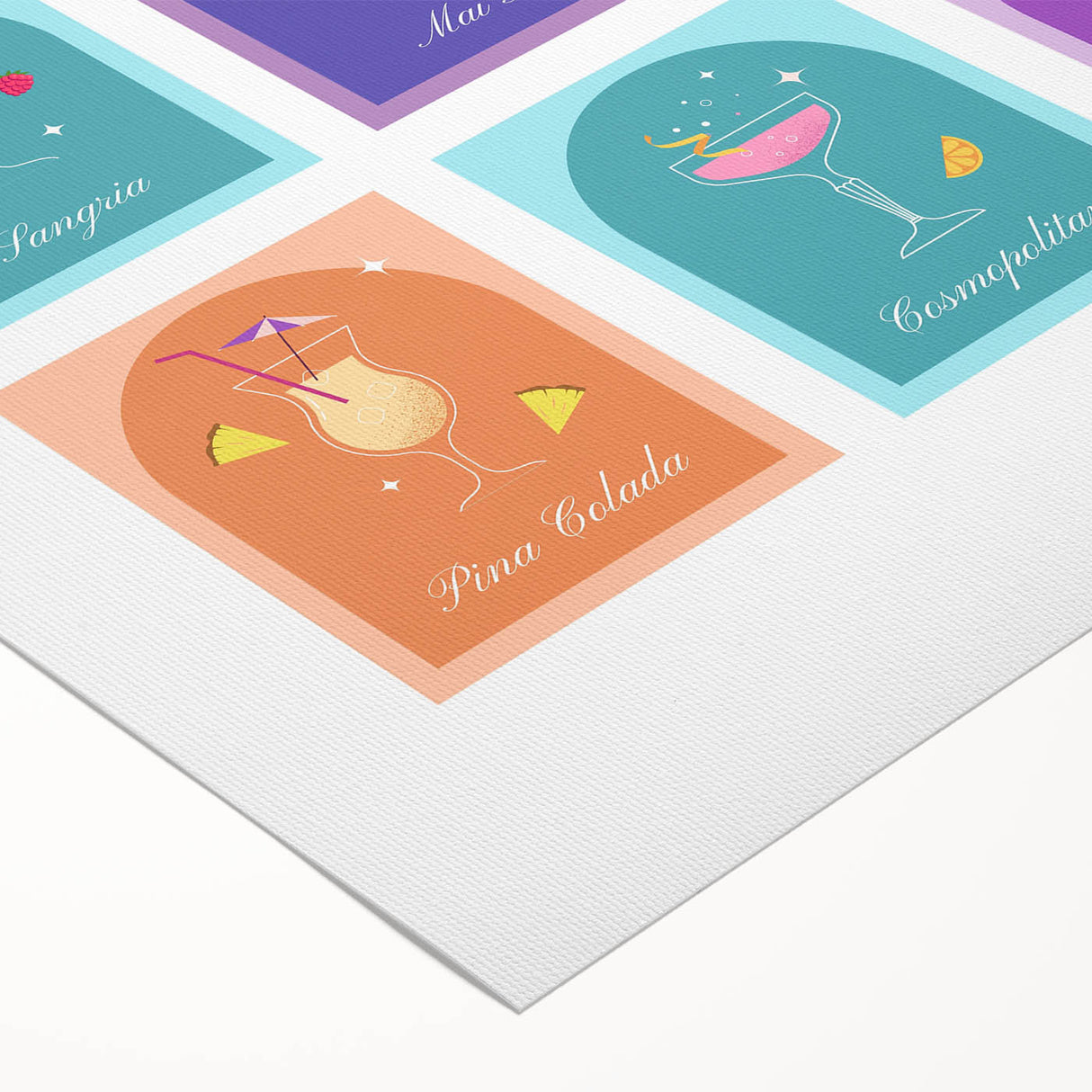 Art deco style poster featuring a martini glass and olives on a muted teal background, printed on rolled canvas.