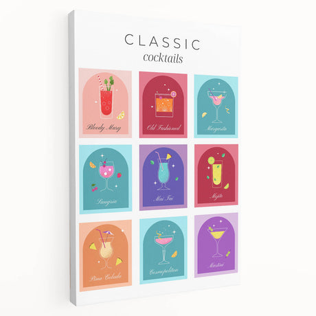 Large stretched canvas featuring an array of colorful fruit and vegetable illustrations, suitable for kitchen wall art.