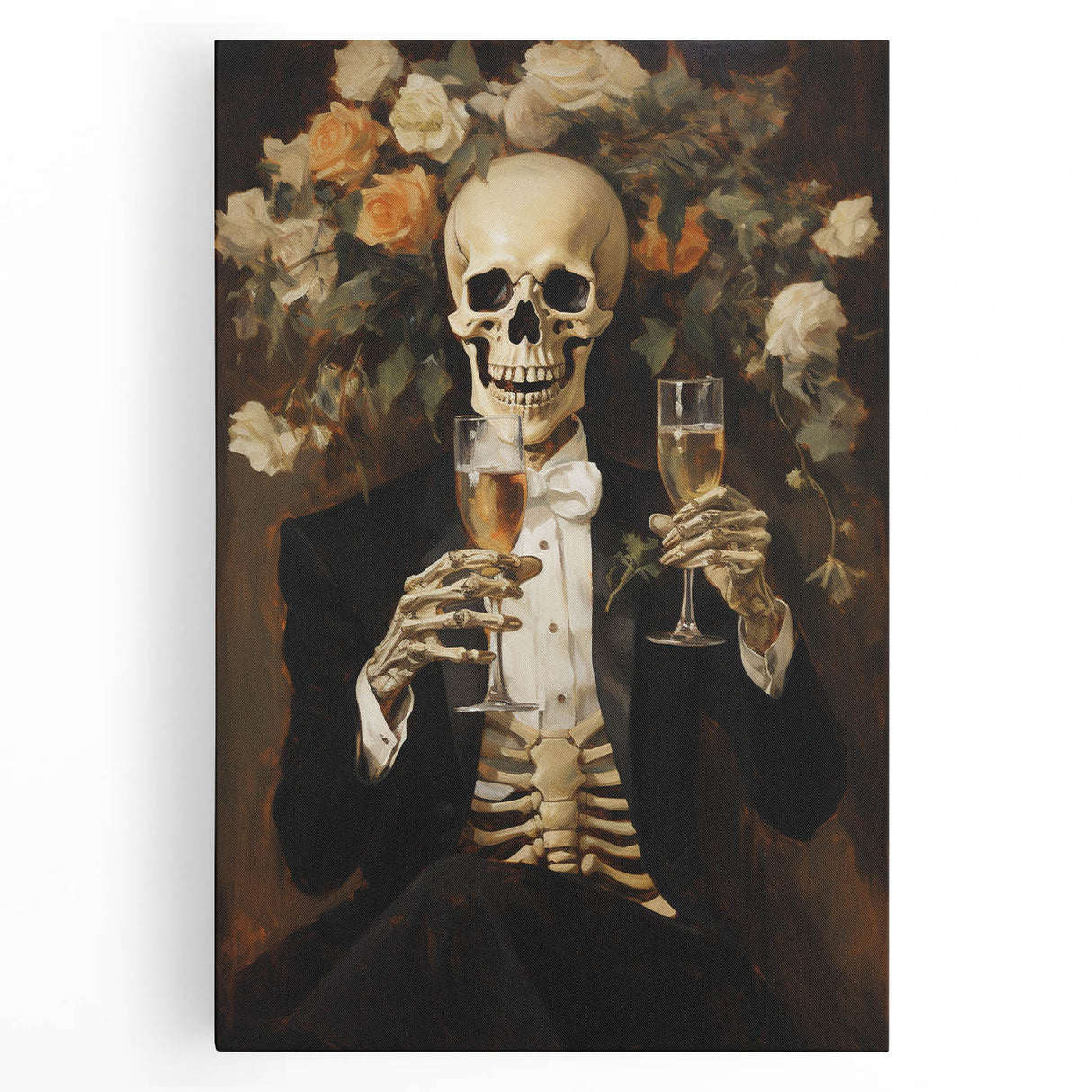 Spooky Wall Art - Elegant Skeleton Champagne Halloween Canvas