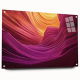 Side view of a landscape acrylic glass artwork showcasing vibrant canyons, mounted with pins for easy display. The piece features stunning colors and intricate details, perfect for enhancing any modern decor.