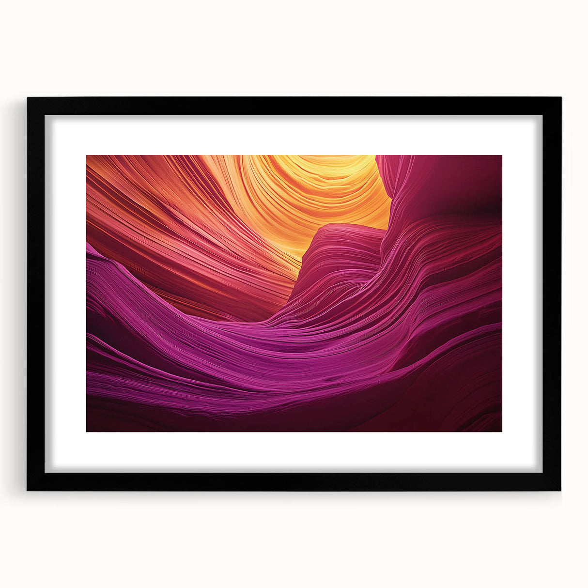Framed landscape artwork showcasing vibrant canyon scenery with a black mat, ideal for home decor and enhancing interior aesthetics. Perfect for nature enthusiasts and art lovers.