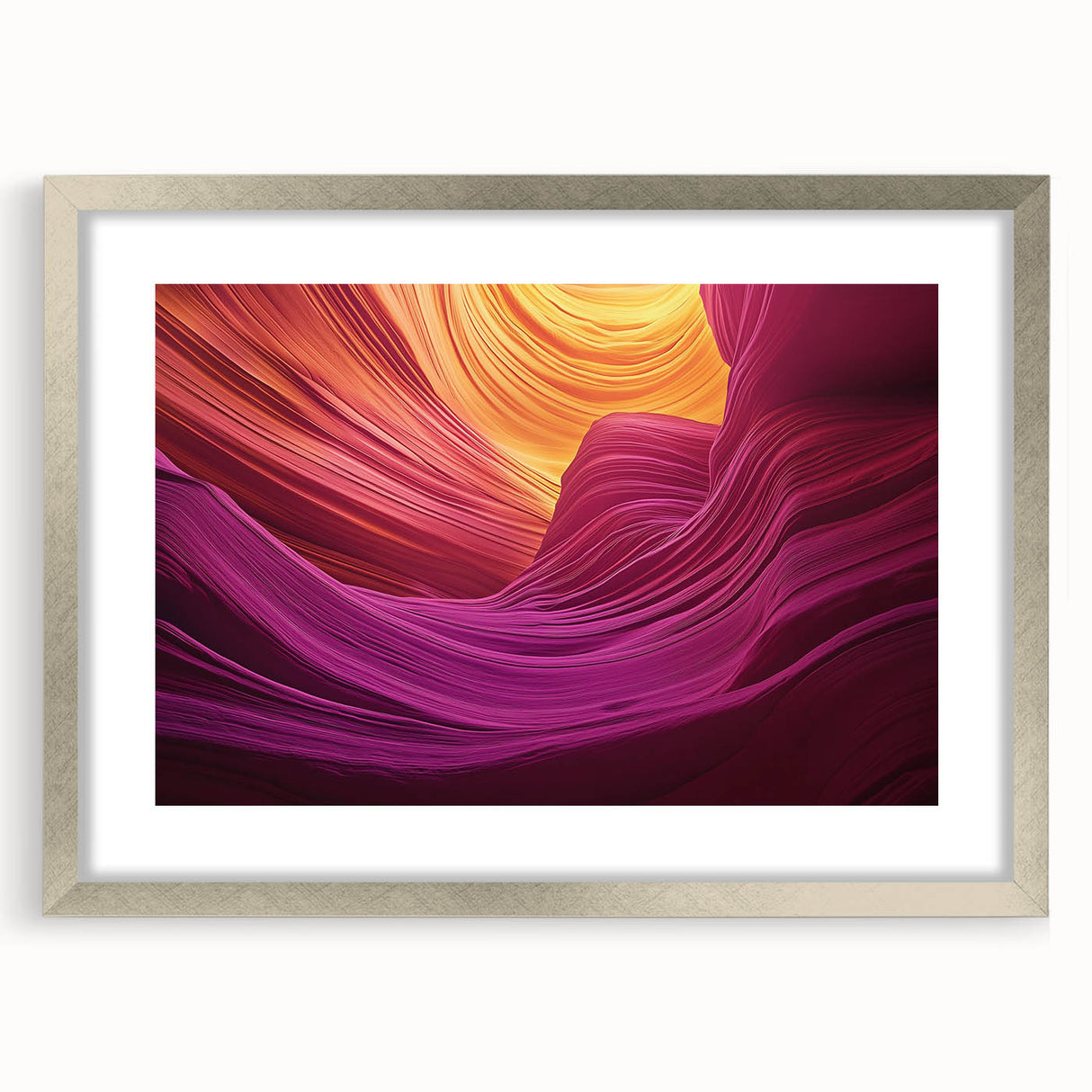 Framed landscape artwork showcasing majestic canyons in vibrant colors, set in a sleek silver frame with a white mat, perfect for home decor enhancement.