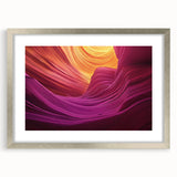 Framed landscape artwork showcasing majestic canyons in vibrant colors, set in a sleek silver frame with a white mat, perfect for home decor enhancement.