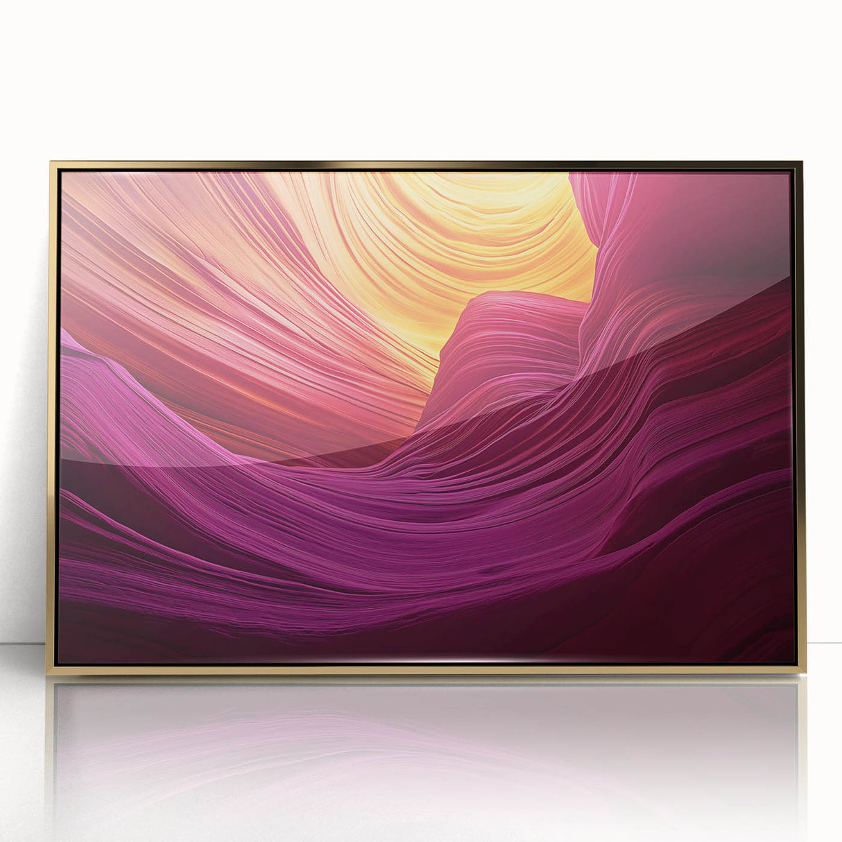 Framed acrylic artwork showcasing a stunning landscape of canyons in golden hues, perfect for adding elegance to home decor. Ideal for nature lovers and art enthusiasts.