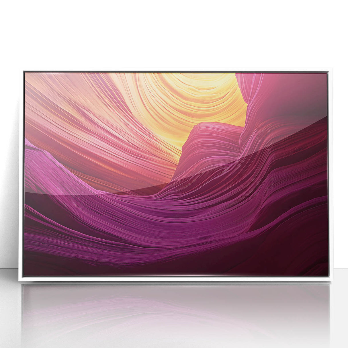 Framed acrylic landscape artwork showcasing dramatic canyons with vibrant colors, set in a sleek white frame, perfect for enhancing modern home decor.