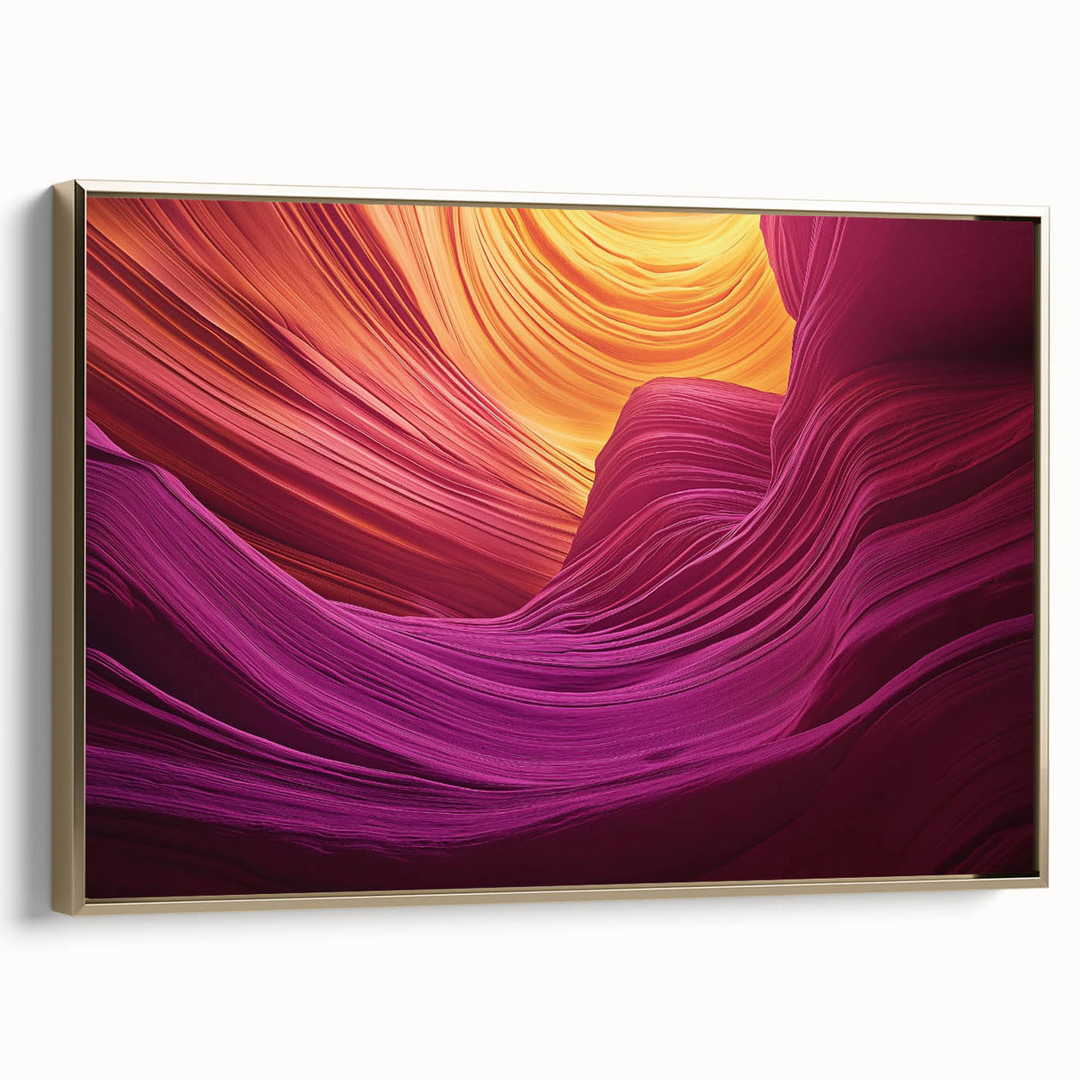 Framed canvas art showcasing a stunning landscape of canyons in warm gold tones, perfect for enhancing modern home décor. Ideal for nature lovers and art enthusiasts.