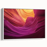 Framed canvas artwork showcasing a stunning landscape of canyons, featuring vibrant colors and intricate details, displayed with a sleek white frame for an elegant touch.