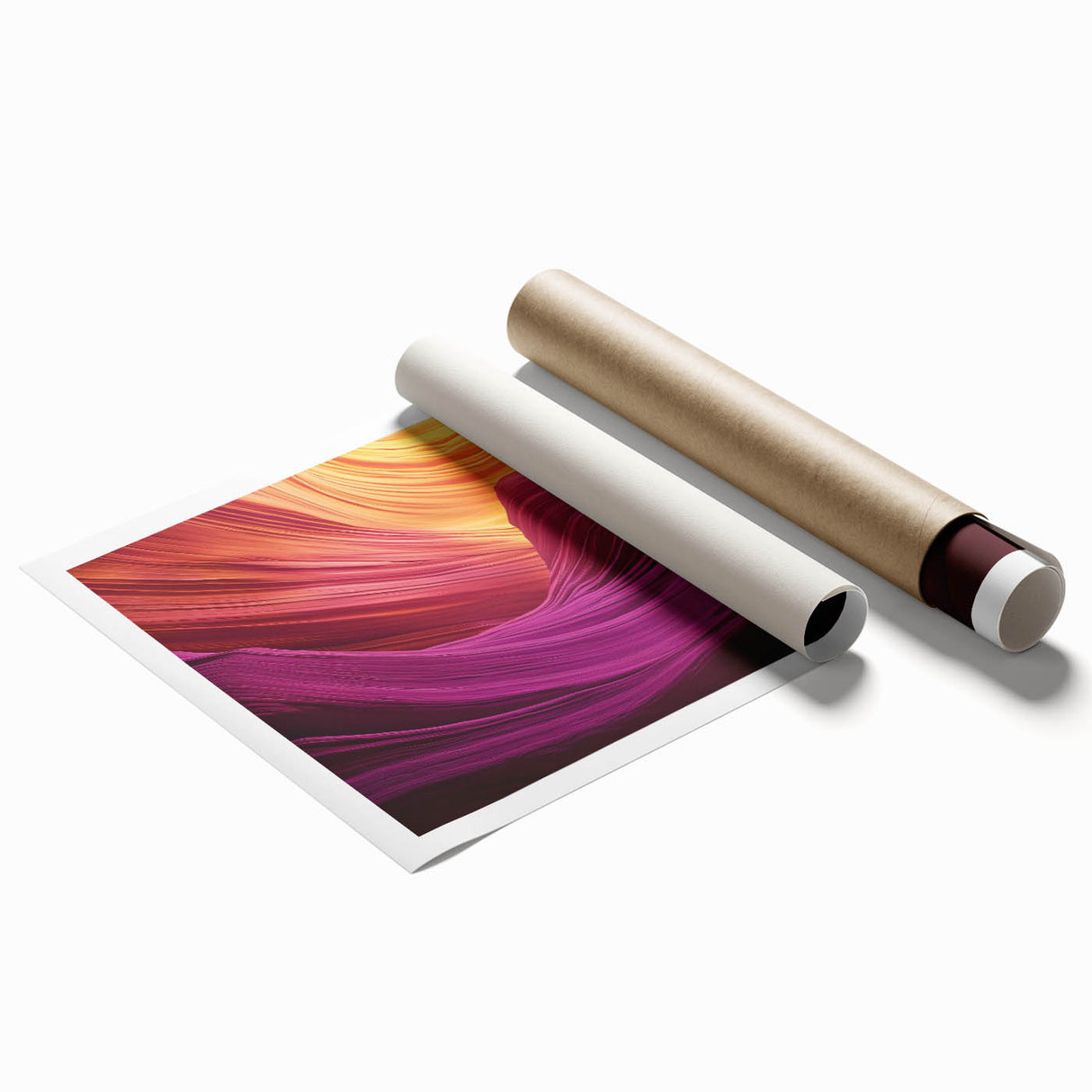 Landscape canvas print showcasing vibrant canyons with rich earthy tones and intricate details, elegantly rolled for easy display and shipping, perfect for nature enthusiasts.
