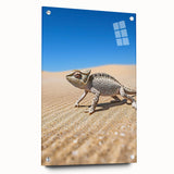 Acrylic glass artwork showcasing a serene desert landscape with vibrant colors and intricate details, displayed from a side view and secured with pins for easy hanging.