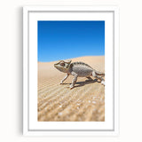 Desert landscape art print framed with a white mat, showcasing vibrant hues of orange and yellow, ideal for modern home decor or office interiors.