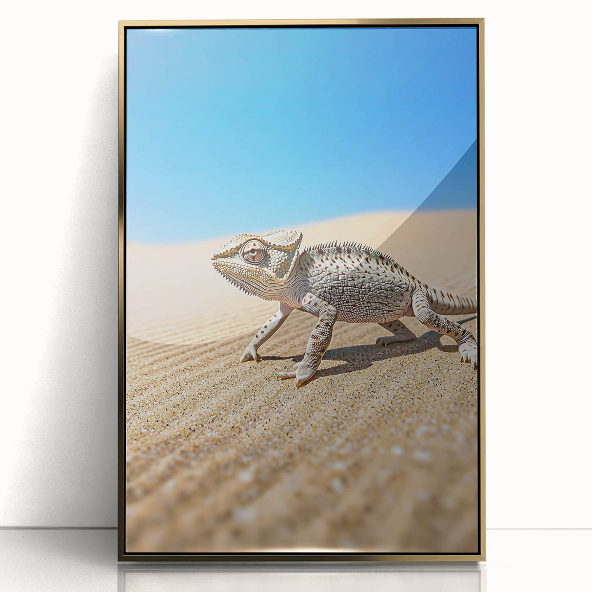 Framed acrylic artwork showcasing a vibrant desert landscape with gold accents, designed to enhance modern home decor, presented from a front view.