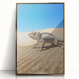 Framed acrylic artwork showcasing a vibrant desert landscape with gold accents, designed to enhance modern home decor, presented from a front view.