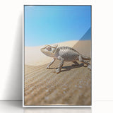 Framed acrylic artwork depicting a vibrant desert landscape with warm, earthy tones and intricate details, showcasing the beauty of arid terrain in a modern white frame. Perfect for enhancing contemporary home decor.