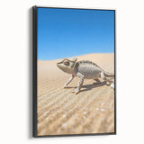 Framed canvas artwork depicting a serene desert landscape with vibrant orange and brown tones, showcasing textured details and a sleek black frame, perfect for home decor.