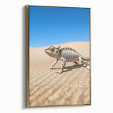 Framed canvas artwork depicting a vibrant desert landscape with golden hues, showcasing rugged mountains and a clear blue sky, ideal for modern home decor.