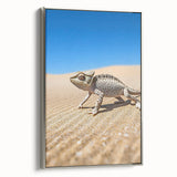 Framed canvas artwork showcasing a stunning desert landscape with warm hues of orange and gold, elegantly bordered with a silver frame, perfect for home decor.