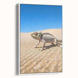 Framed canvas artwork depicting a serene desert landscape with warm earth tones and subtle brushstrokes, featuring a sleek white frame for a modern touch. Ideal for enhancing home decor with a tranquil aesthetic.