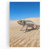 Stretched canvas artwork depicting a vibrant desert landscape with warm tones of orange and yellow, showcasing rolling sand dunes and a clear blue sky, perfect for home decor.