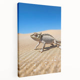 Stretched canvas artwork depicting a vibrant desert landscape with warm hues of orange and yellow, showcasing a serene sunset over sandy dunes, perfect for home decor.