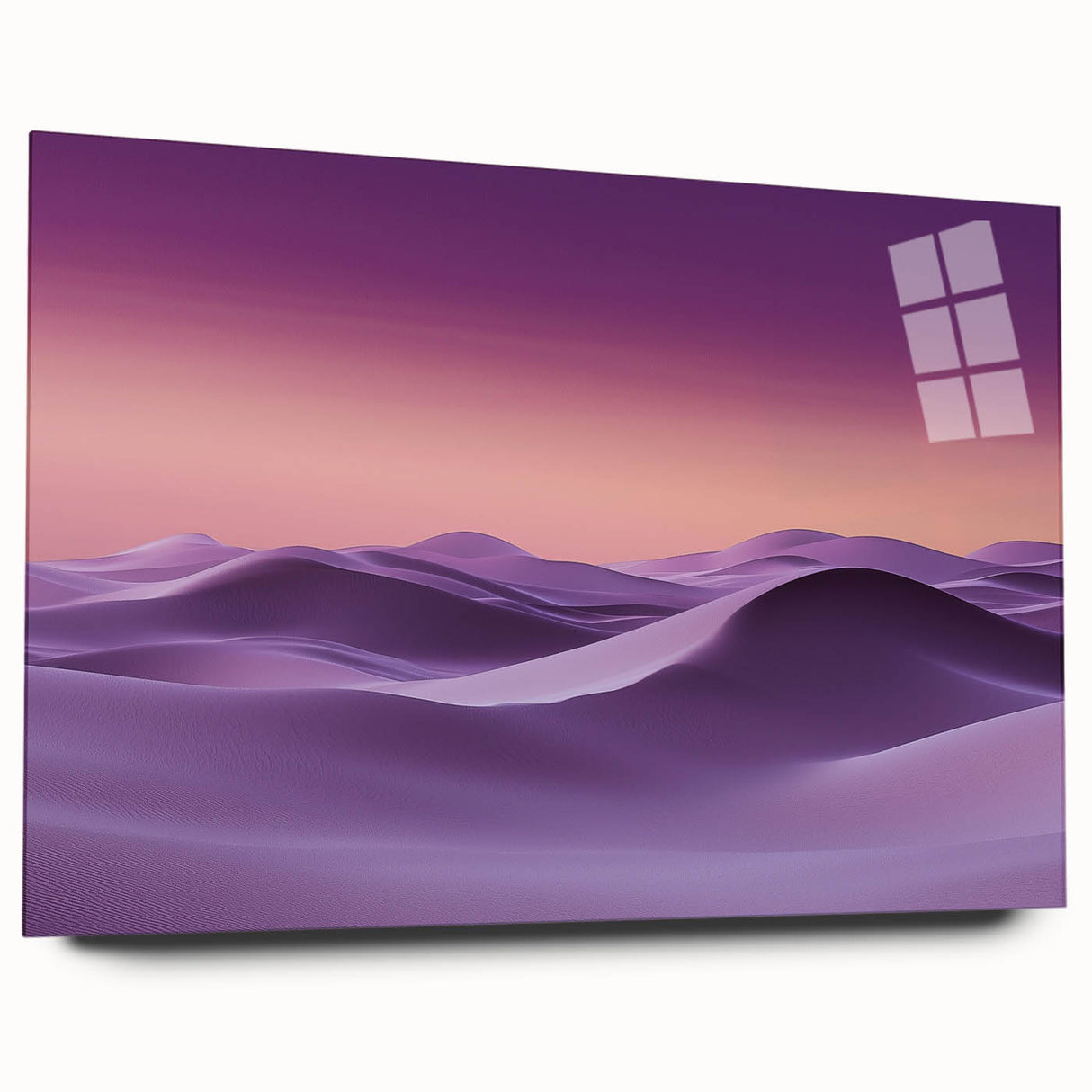 Acrylic glass artwork showcasing a serene landscape of sand dunes in soft beige and golden hues, displayed from a side view without pins. Ideal for modern decor.