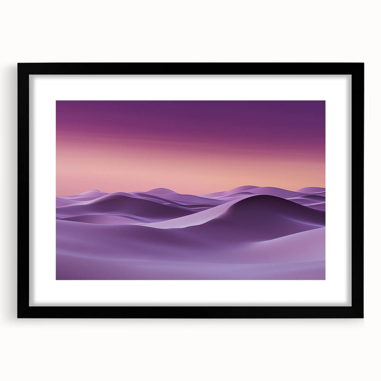 Framed landscape art print showcasing serene sand dunes with a black mat, designed for modern decor. Perfect for enhancing living spaces with natural beauty.