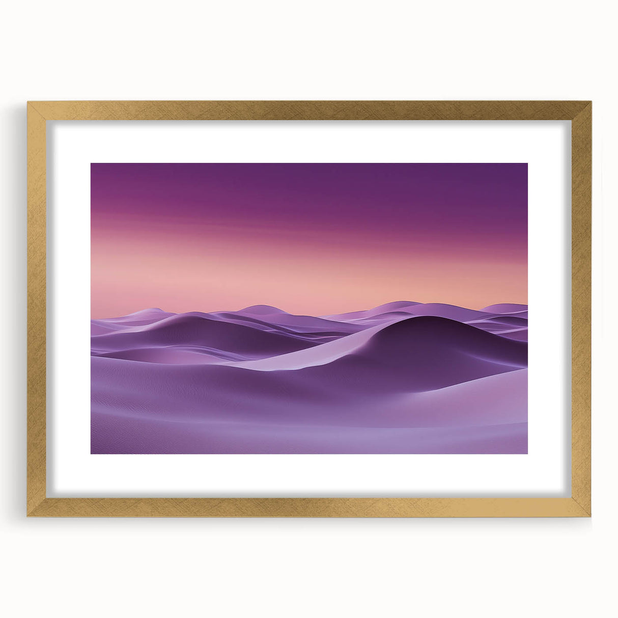 Framed landscape artwork showcasing soft golden dunes under a serene blue sky, elegantly matted in white, perfect for enhancing modern home decor.