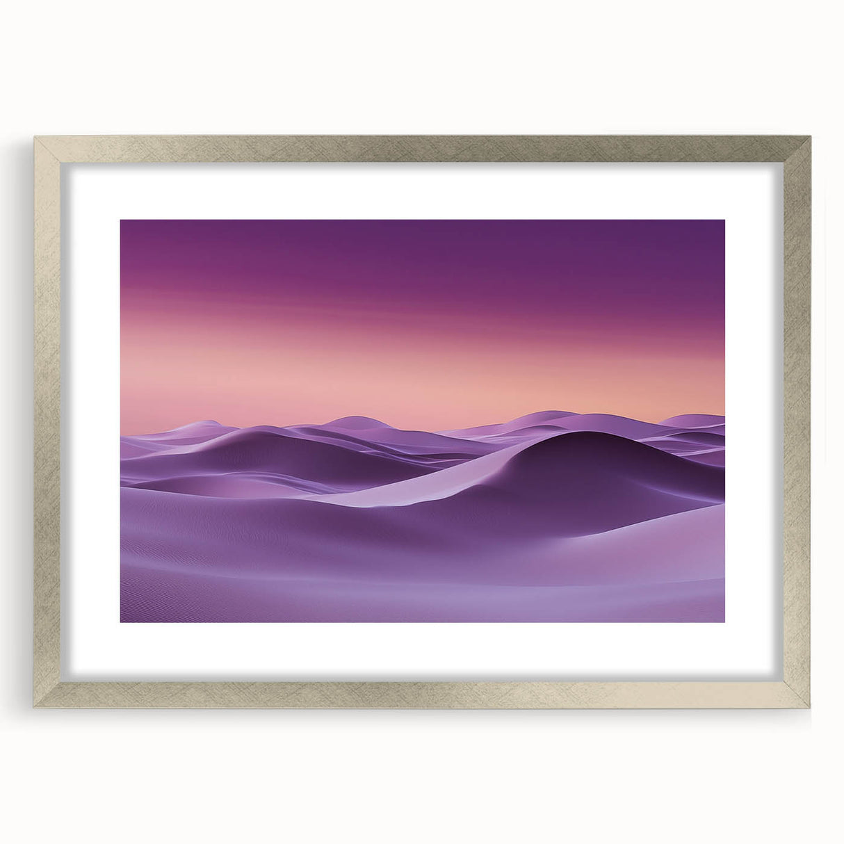 Framed landscape artwork showcasing serene sand dunes in a silver frame with a white mat, ideal for enhancing modern home decor and adding a touch of elegance.