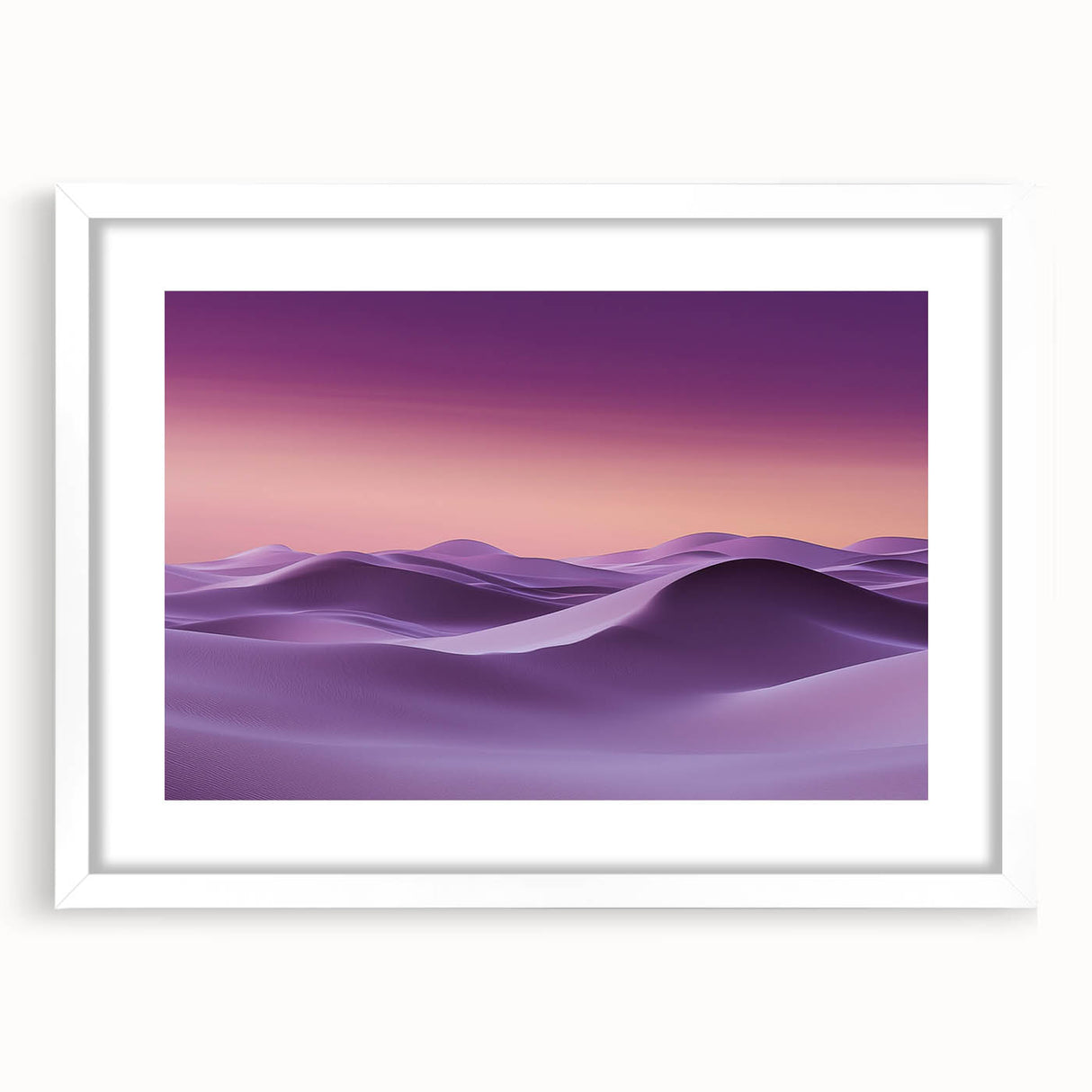 Framed landscape artwork depicting serene sand dunes, highlighted by a white mat border, perfect for enhancing modern interior decor with a natural touch.