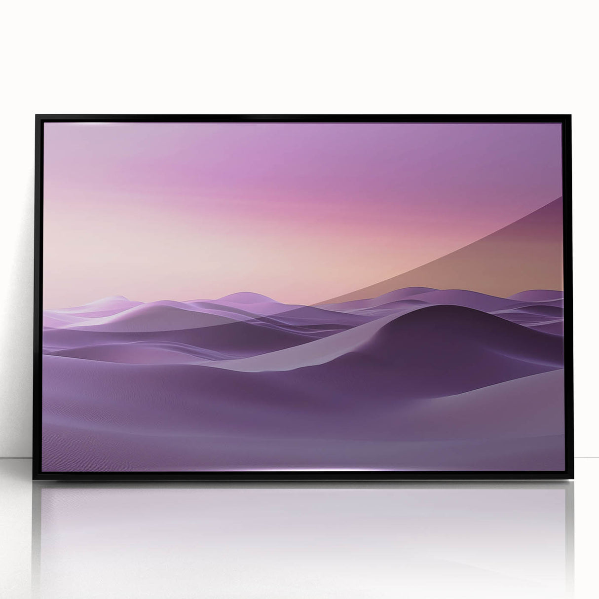 Framed acrylic artwork showcasing a serene desert landscape with rolling dunes in soft beige and golden hues, set against a sleek black frame, perfect for modern decor.